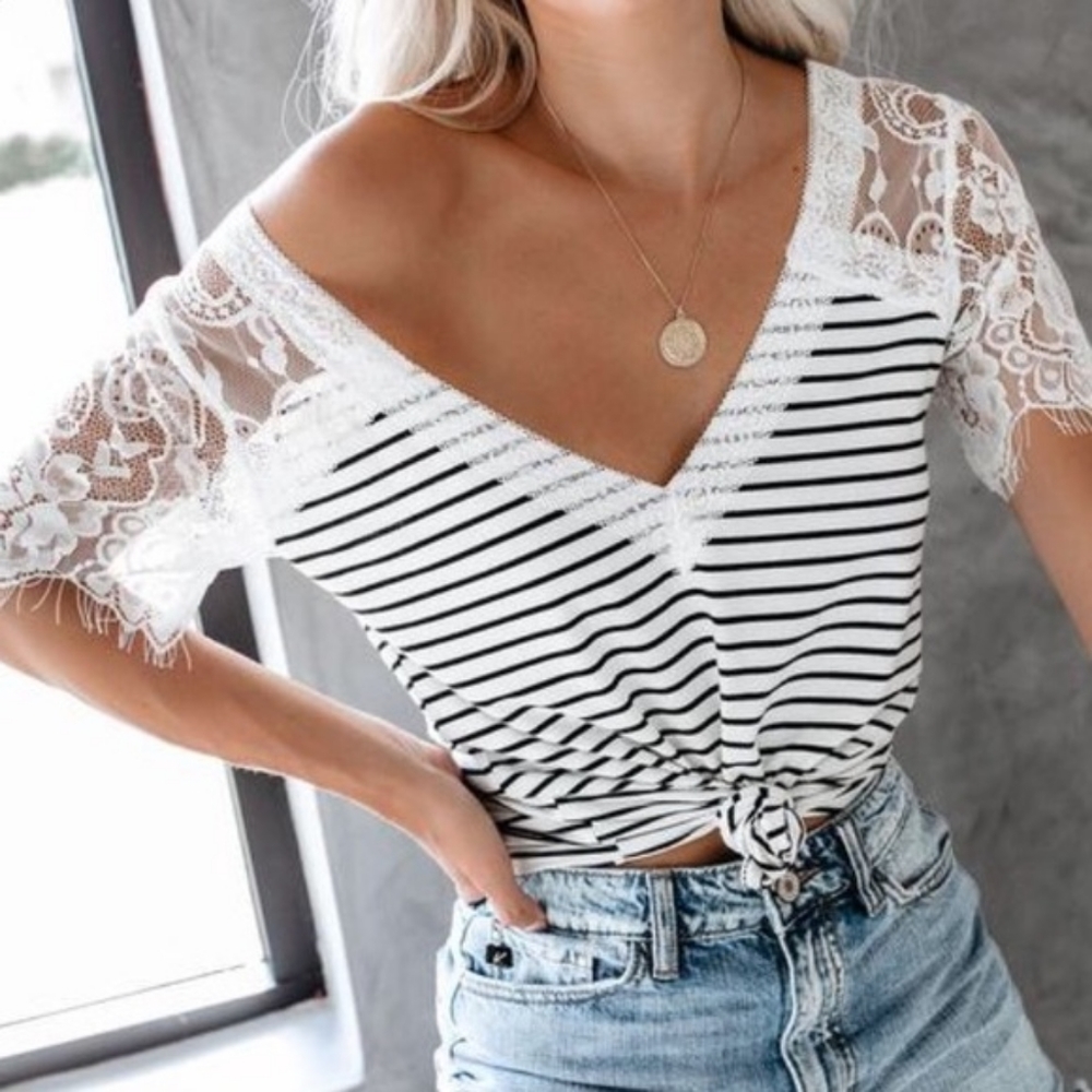 Vici Black White Striped Shirt, V-Neck Shirt, Lace Sleeves
